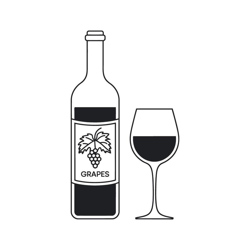 Wine bottle and glass with grapes illustration vector