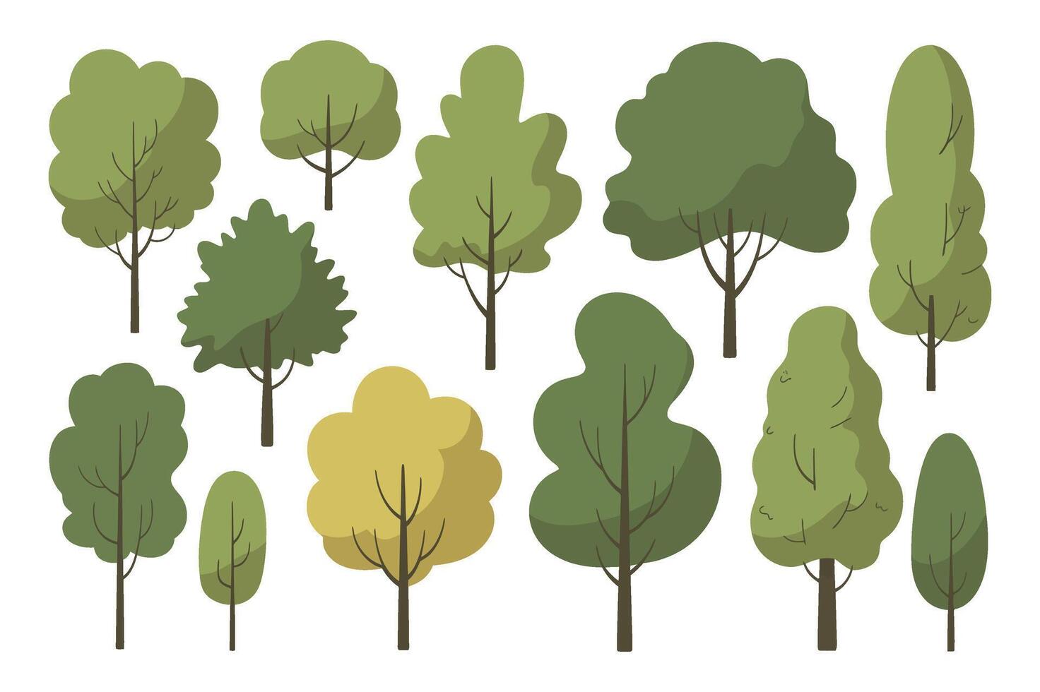 Collection of Cartoon Trees with Different Shapes and Colors on a White Background Perfect for Illustrations Designs and Decorations with a Natural and vector