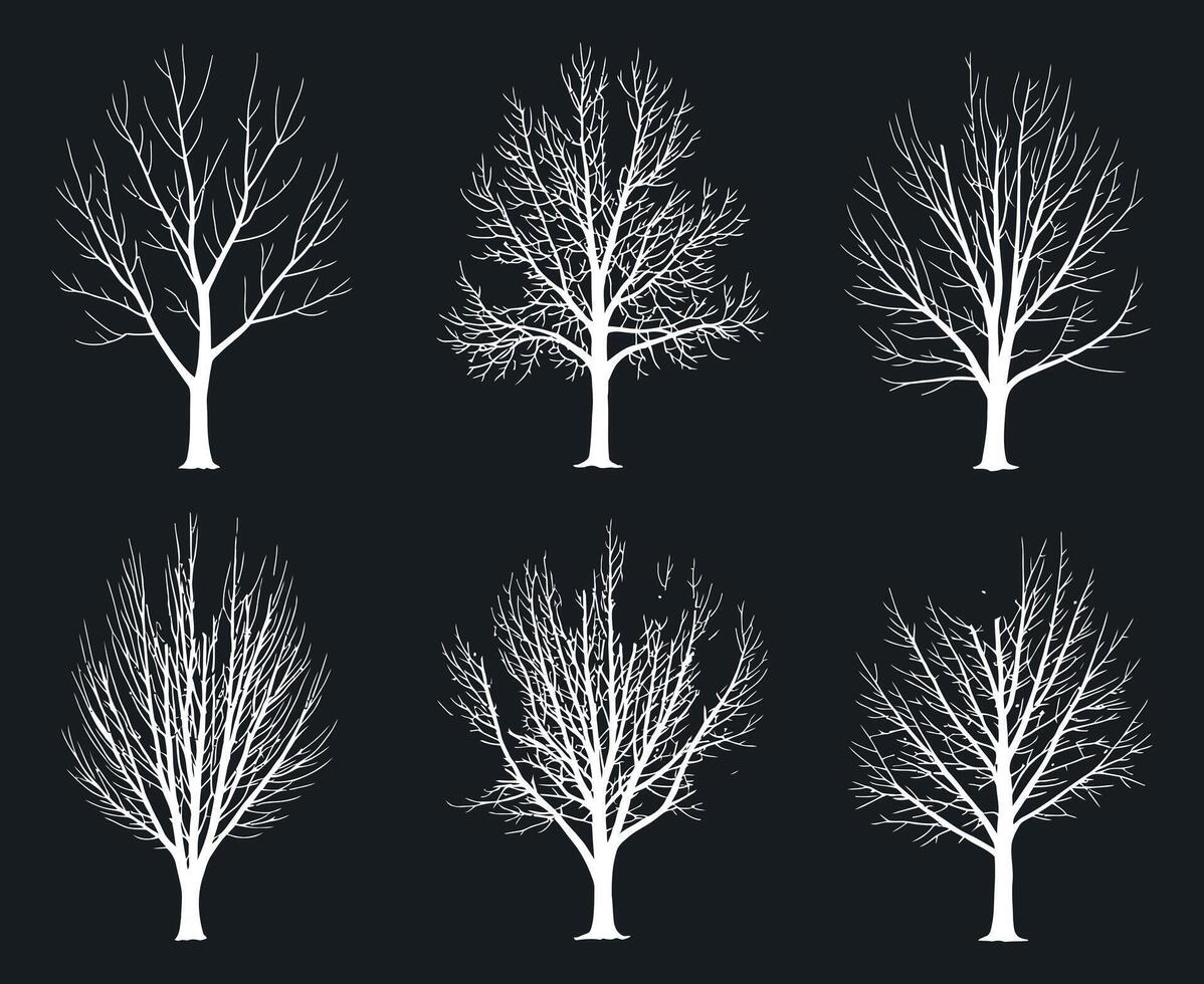 Collection of Six Stylized Bare Trees Silhouettes in White on a Black Background Representing Winter Death or Minimalist Design Elements for Creative Projects vector