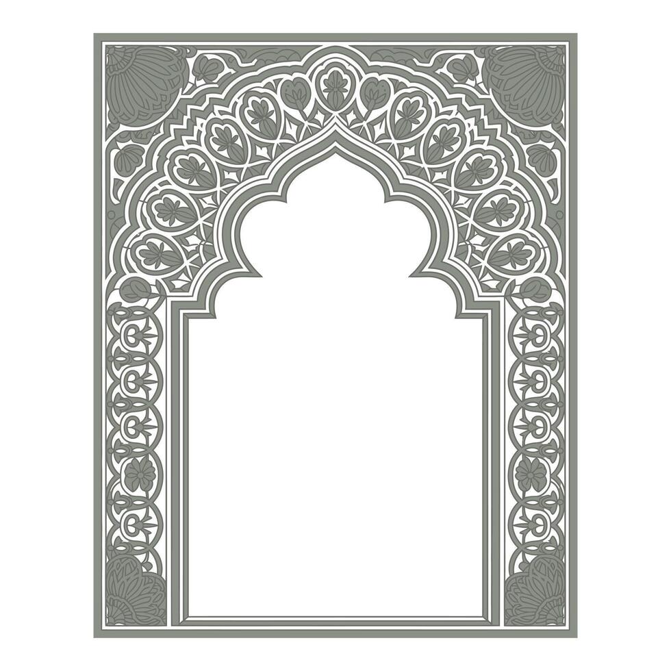 Ornate Architectural Archway with Floral and Geometric Elements Ideal for Framing Text or Images in a Soft Gray Color Palette on White vector
