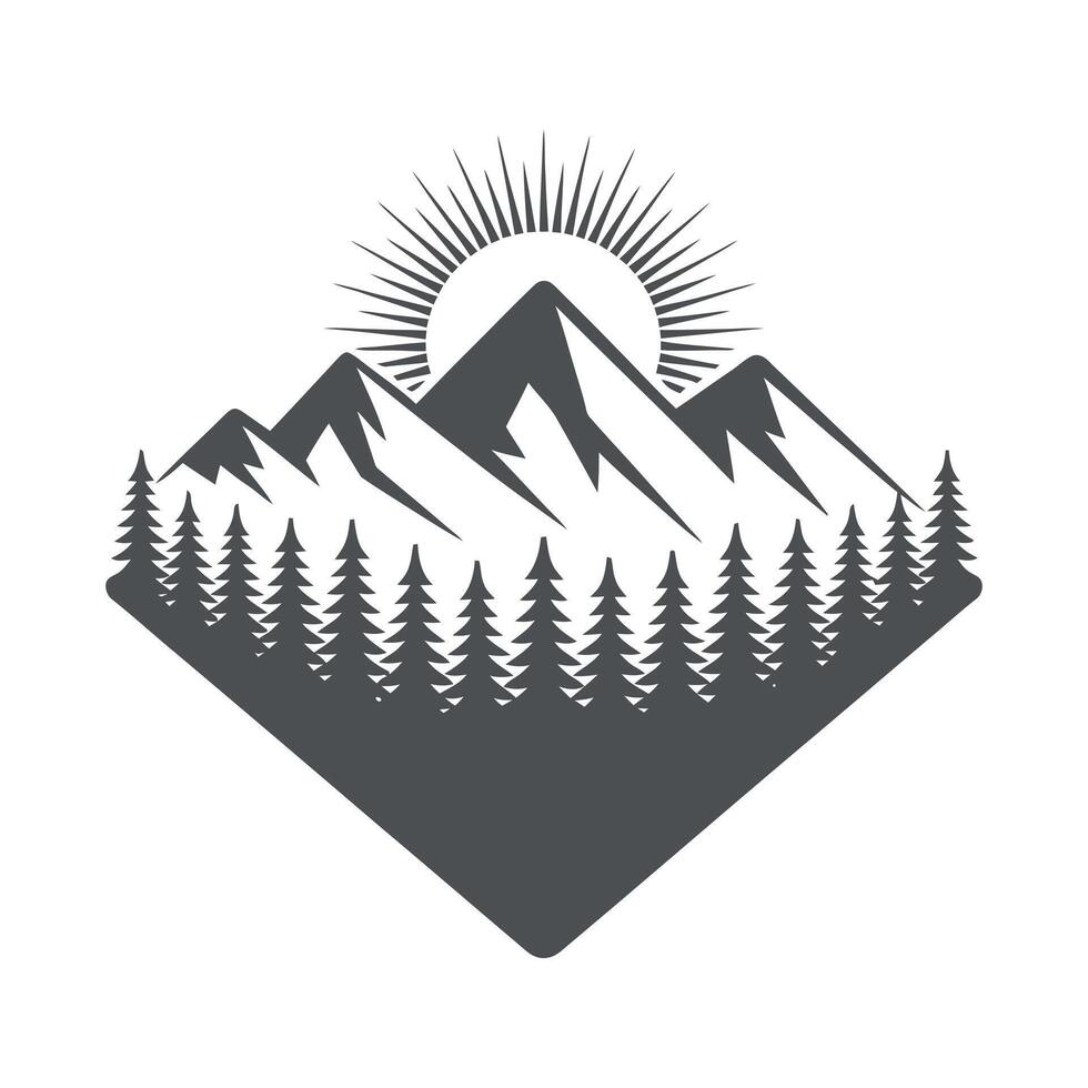 Monochrome Mountain Landscape with Pine Forest and Sunburst in a Diamond Shape Graphic Illustration vector