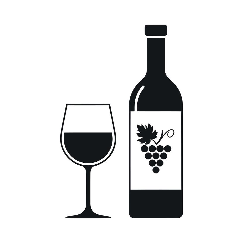 Elegant Wine Bottle and Glass Silhouette with Grape Design for Wine Tasting and Celebration Concepts in Simple Black and White vector
