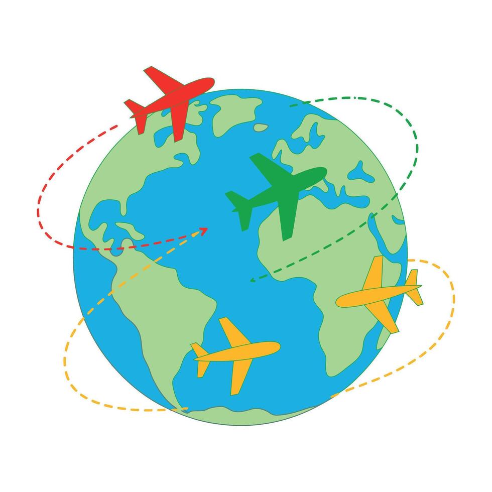 Global Air Travel Routes with Airplanes Circling the Earth Representing International Flights and Worldwide Transportation Networks in a Flat Design vector