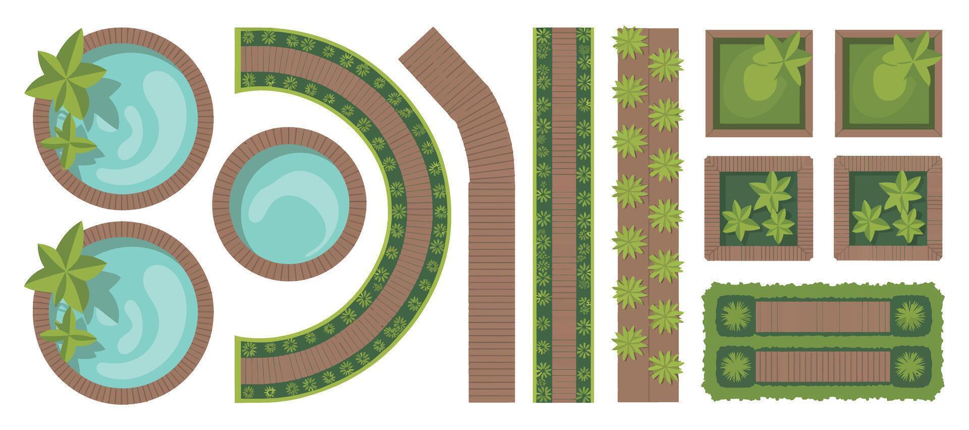 Garden Design Elements Top View Illustration for Landscape Architecture Plans and Outdoor Space Planning with Pools Paths and Greenery vector