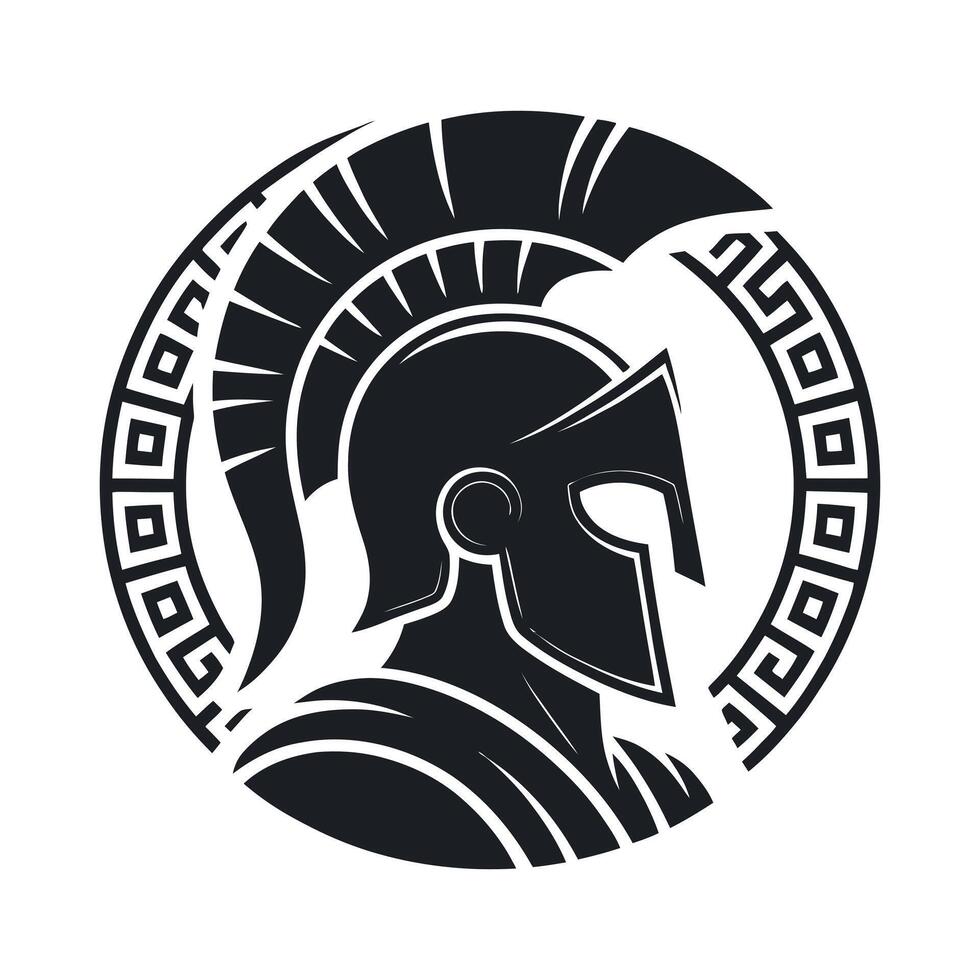 Spartan Warrior Helmet Silhouette with Greek Key Circle Design in Black and White for Logos or Graphic Elements vector