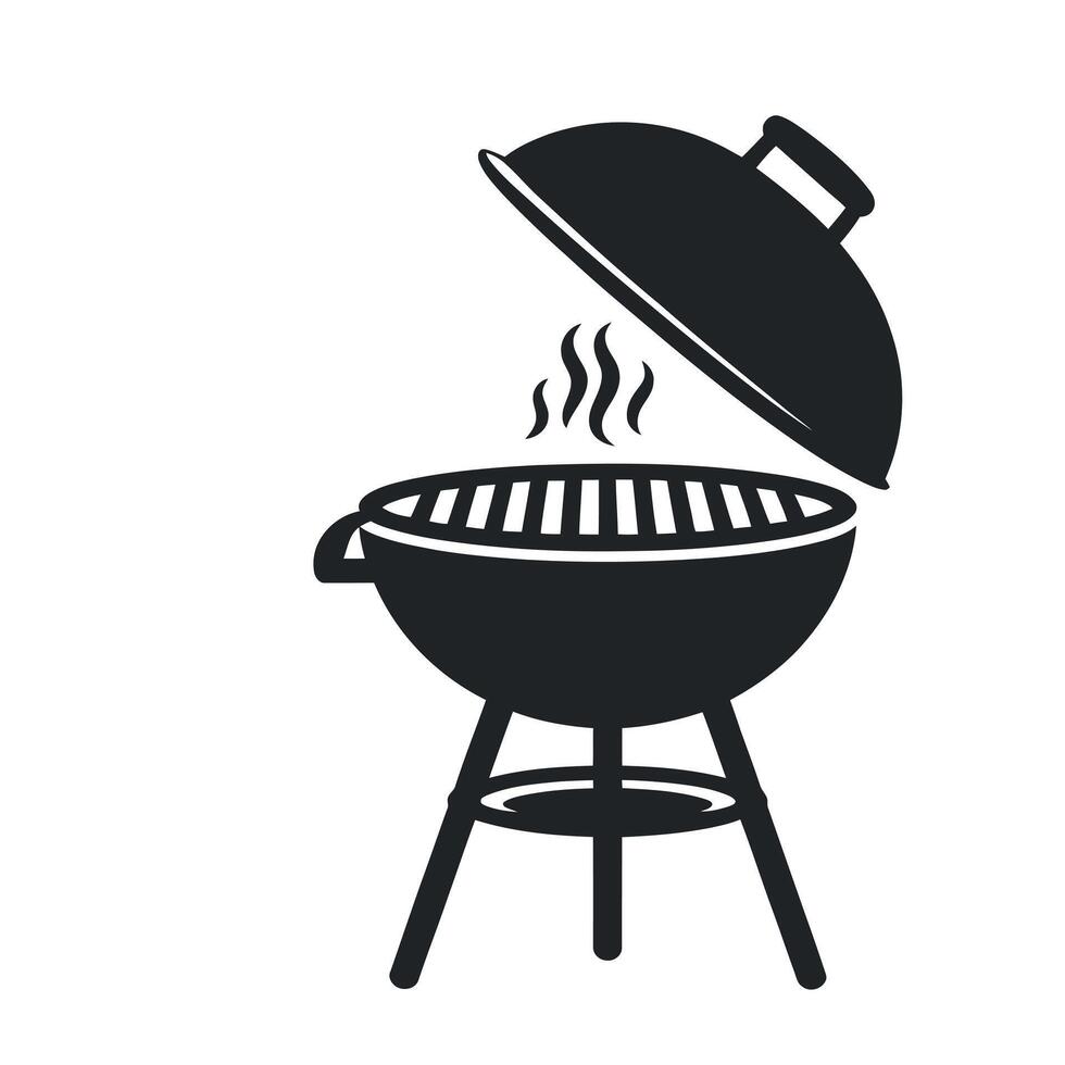 Simple Black and White Grill Icon with Smoke and Open Lid for Summer Barbecues and Picnics vector