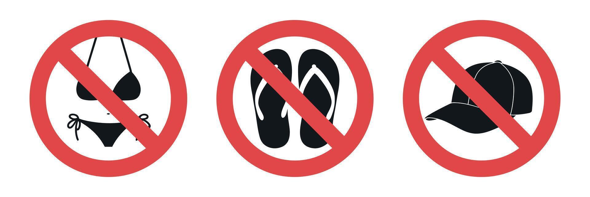 Prohibition Sign Set for Swimwear Flip Flops and Caps Indicating Restrictions on Attire and Footwear in Specific Areas or Establishments vector