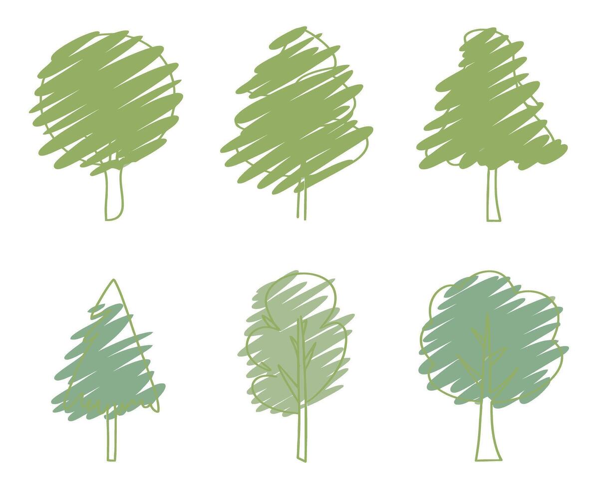 Collection of Six Hand Drawn Trees in Green Scribble Style on a White Background for Nature and Environment Concepts vector
