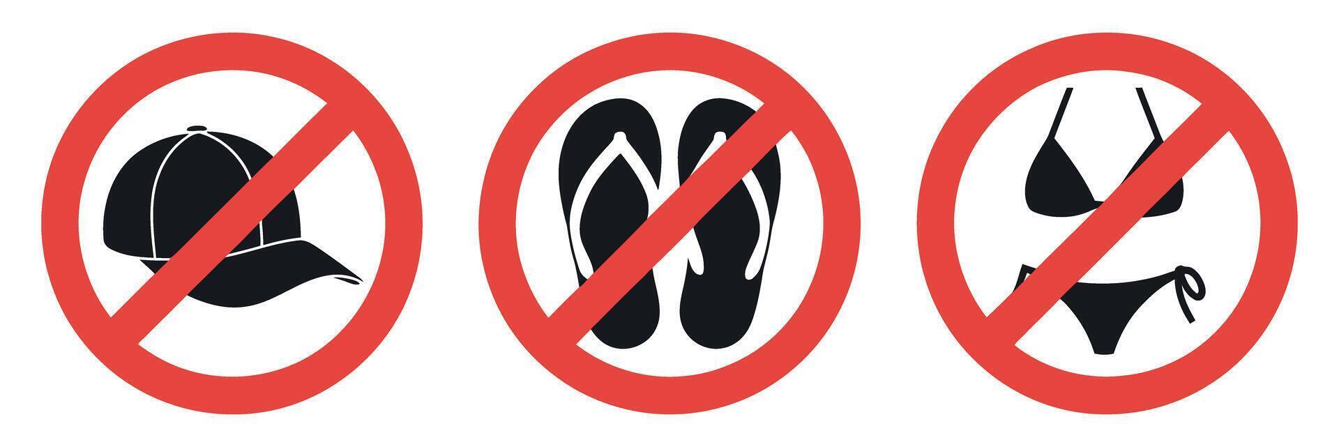 No Hat No Flip Flops No Swimsuit Allowed Sign Forbidden Beachwear Red Prohibition Circle Illustration Isolated on White Background vector