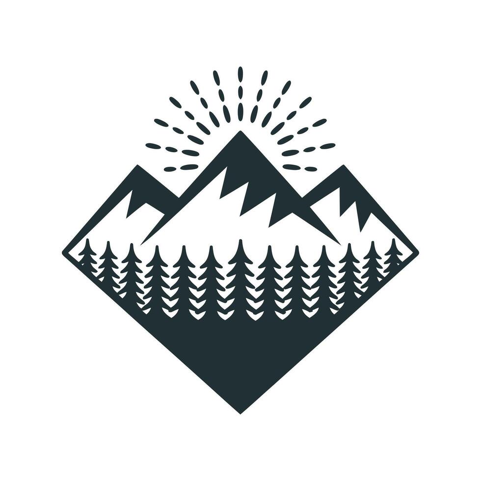Monochrome Mountain Range with Forest and Sunburst in a Diamond Shape for Outdoor Adventure and Nature Inspired Designs and Logos vector