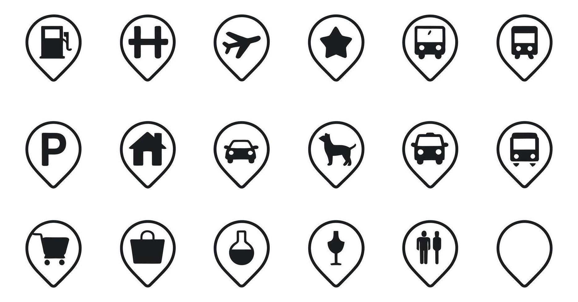 Set of Black and White Location Pin Icons for Maps and Navigation Applications Representing Various Points of Interest and Services vector