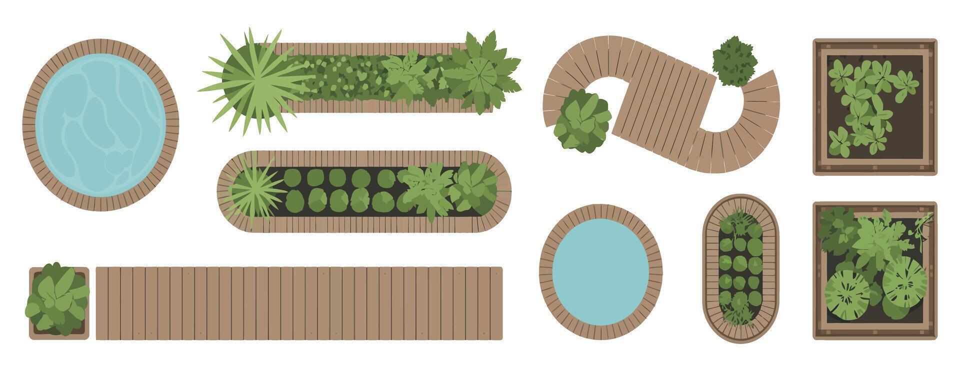 Garden Design Elements Top View with Pools Wooden Paths and Potted Plants for Landscaping and Architectural Planning Isolated on White Background vector
