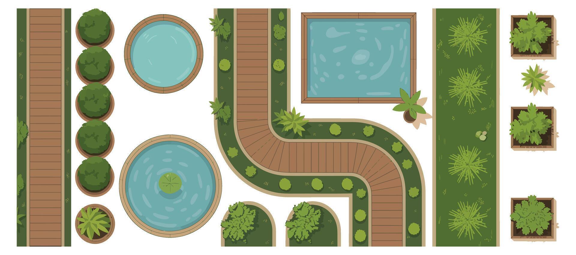 Top View Garden Design with Pools Walkways and Greenery for Landscape Architecture and Outdoor Space Planning in Illustration vector