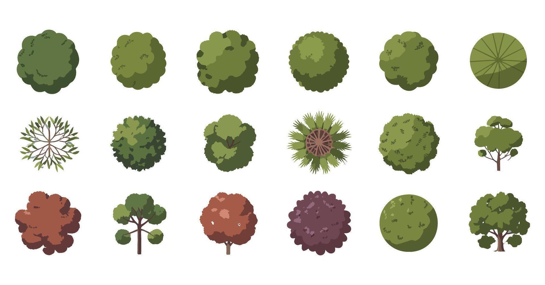 Collection of Tree Top View Illustrations for Landscaping and Architectural Design Featuring Various Shapes Colors and Styles on a White Background vector