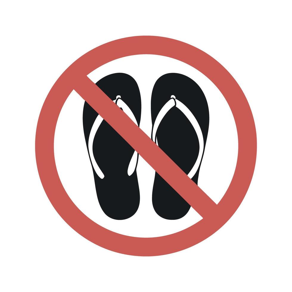 No Flip Flops Allowed Sign with Red Circle and Slash Over Black Sandals on White Background Illustration vector