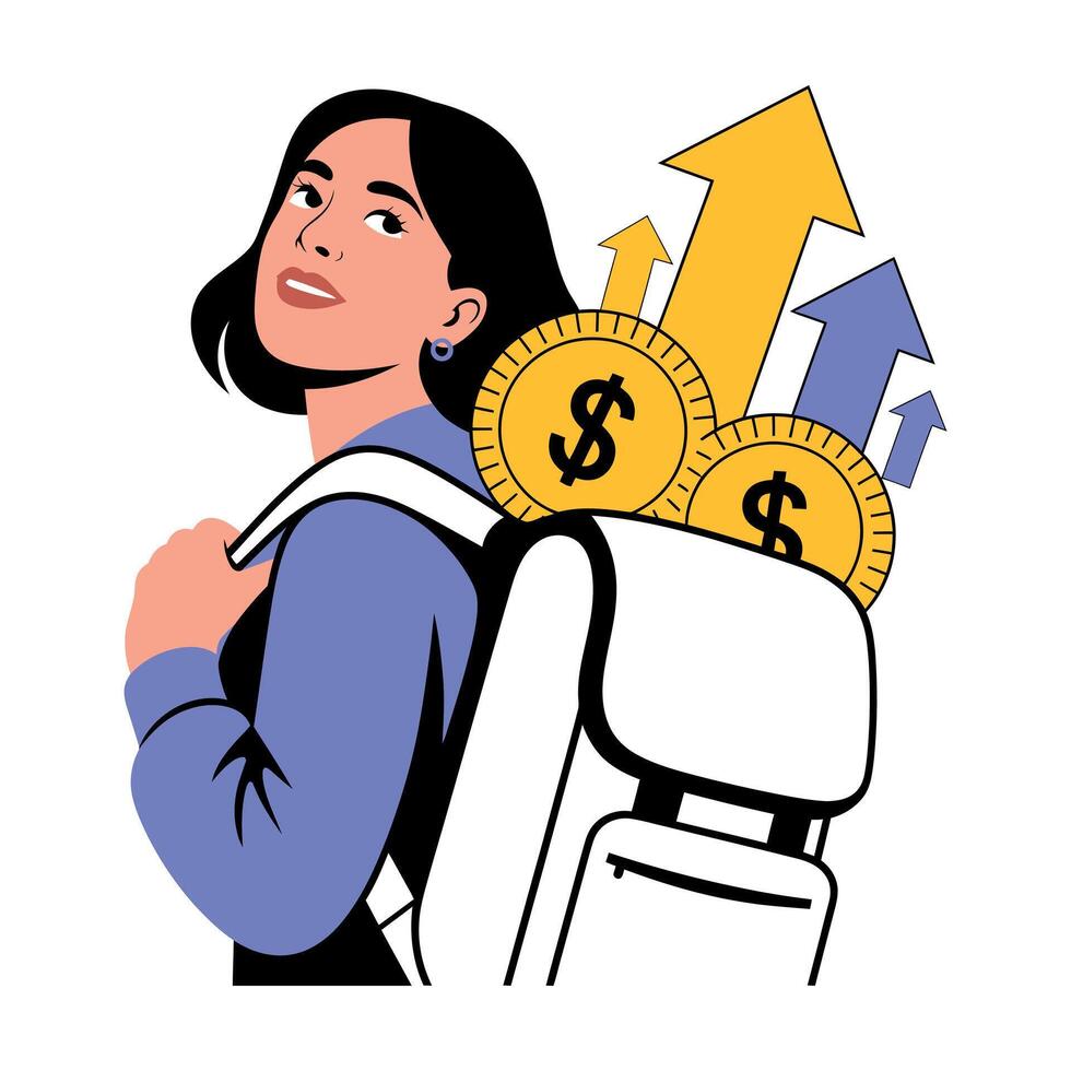 Woman Carrying Backpack with Money and Arrows Representing Financial Growth and Investment Success on White Background Illustration vector