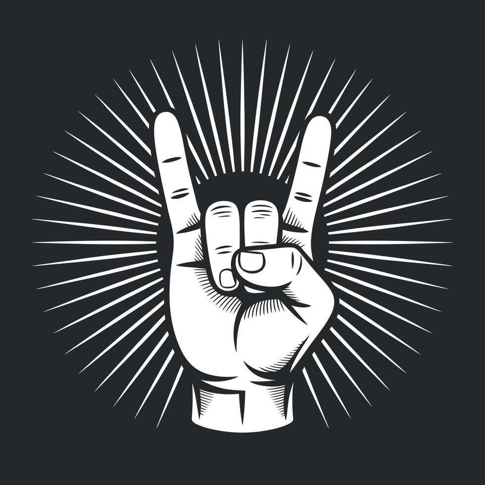 Rock and roll hand gesture with radial rays on a dark background illustration for music and entertainment vector
