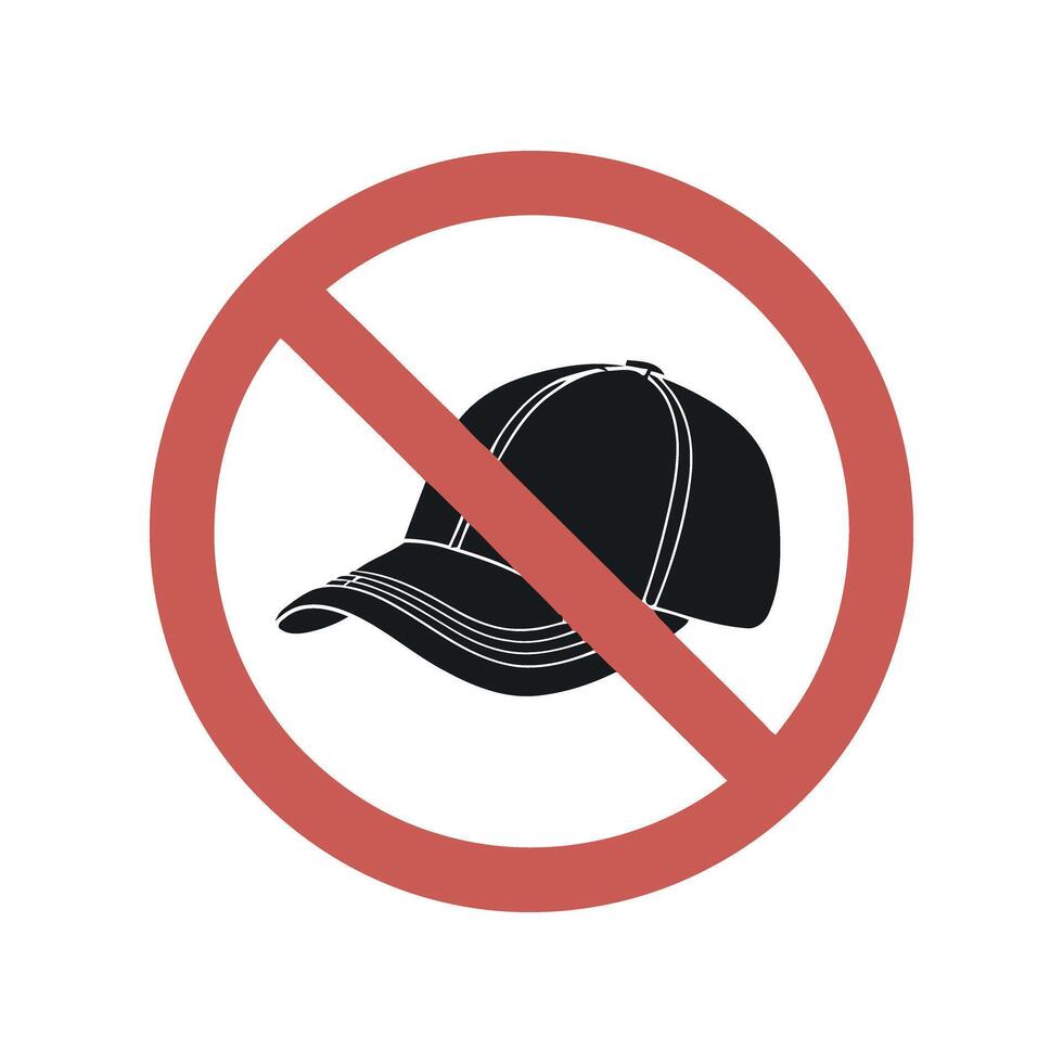No Cap Sign Illustration Symbol of Prohibition of Wearing Hats Black Silhouette of Baseball Cap in Red Circle with Line Through vector