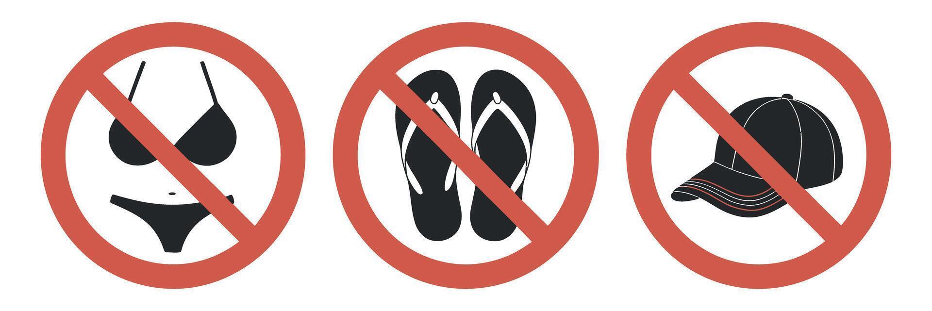 Prohibition Sign for Summer Clothing and Accessories Including Swimsuit Flip Flops and Baseball Cap Suggesting a Dress Code or Restriction Policy vector