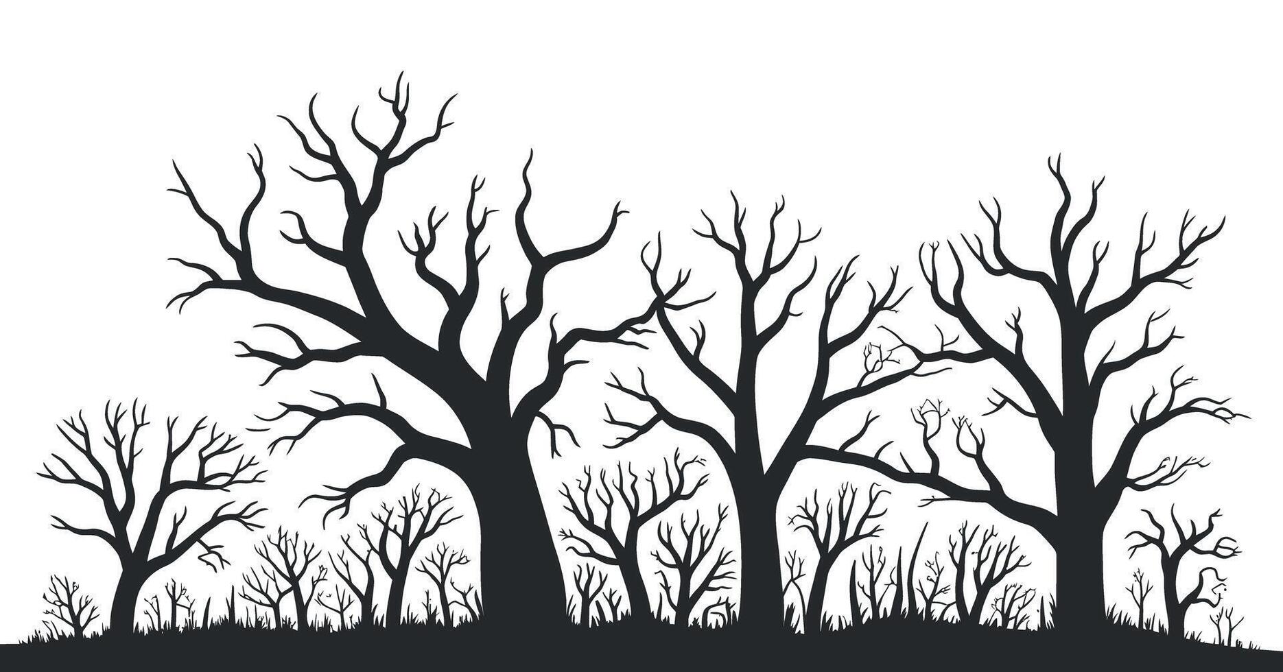 Silhouette of Spooky Trees and Grass on a White Background Perfect for Halloween or Autumn Season Designs and Creepy Illustrations vector