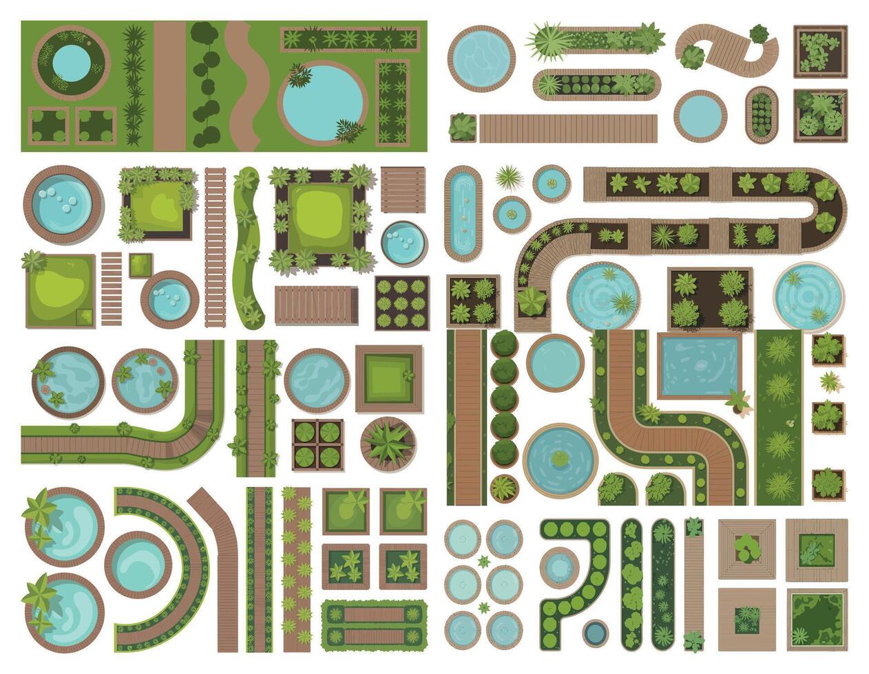 Collection of Top View Garden Elements for Landscape Design and Architecture Visualization Including Ponds Paths and Greenery vector