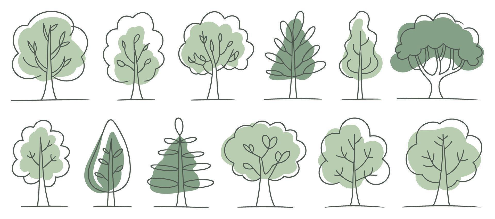 Set of Twelve Hand Drawn Trees with Green Canopy and Brown Trunk on White Background Minimalist Style Illustration vector