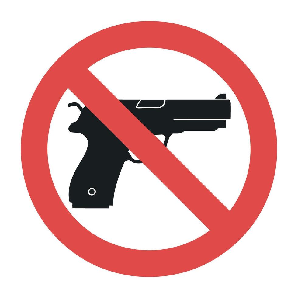 No Guns Allowed Sign with Red Circle and Diagonal Line Over a Black Pistol Silhouette on White Background vector