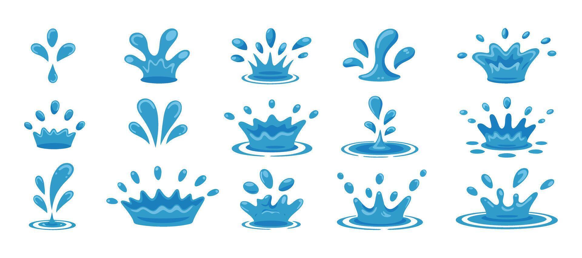 Collection of Cartoon Water Splash Illustrations on White Background Various Shapes and Sizes Perfect for Graphic Design and Creative Projects vector