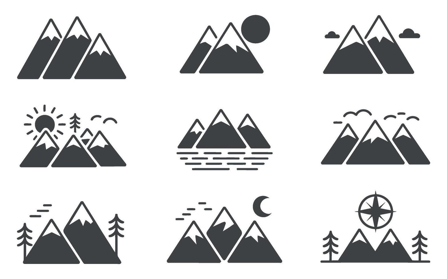 Set of Nine Mountain Icon Designs with Various Elements Like Sun Moon Trees Water Clouds Birds and Compass in a Simple Flat Style vector