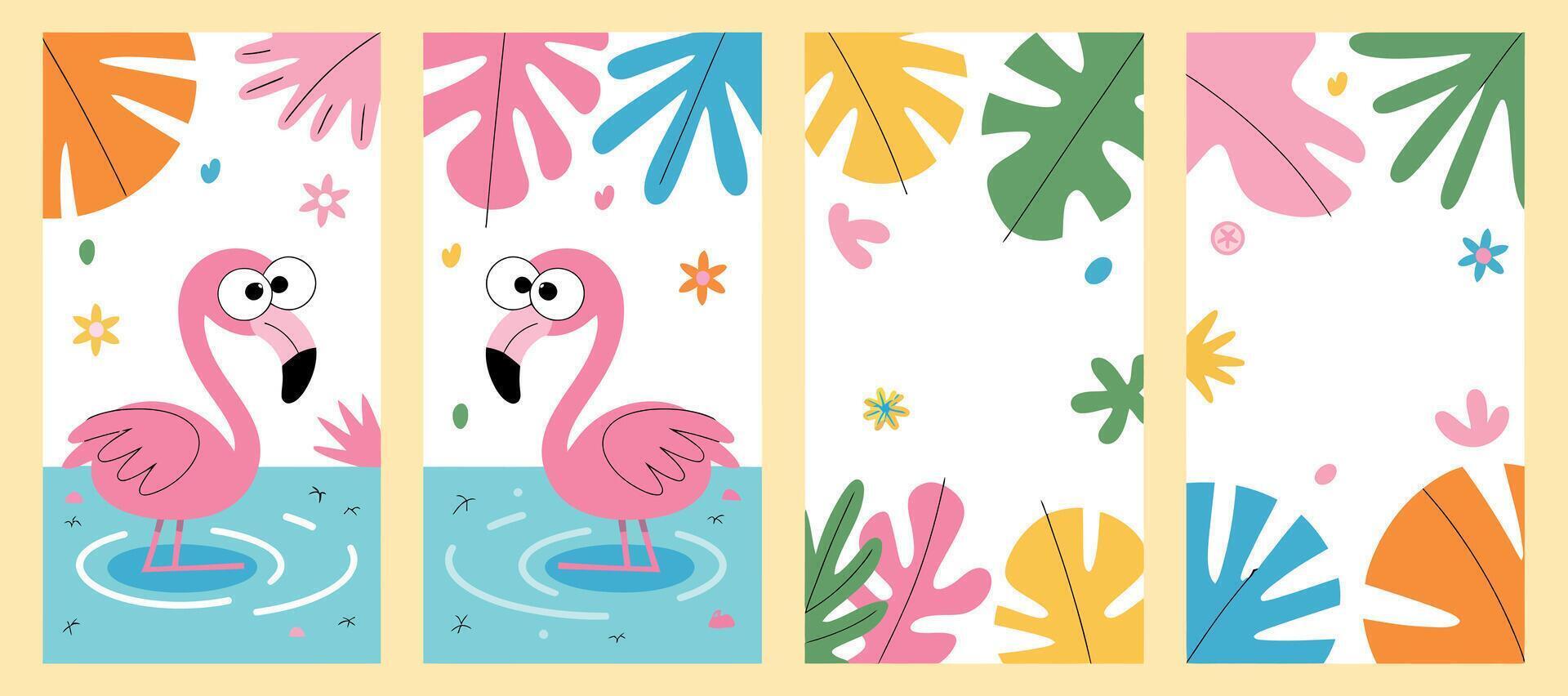 Set of Four Tropical Backgrounds with Cute Cartoon Flamingos Colorful Leaves Flowers and Water Ripples for Social Media Stories and Summer Designs vector