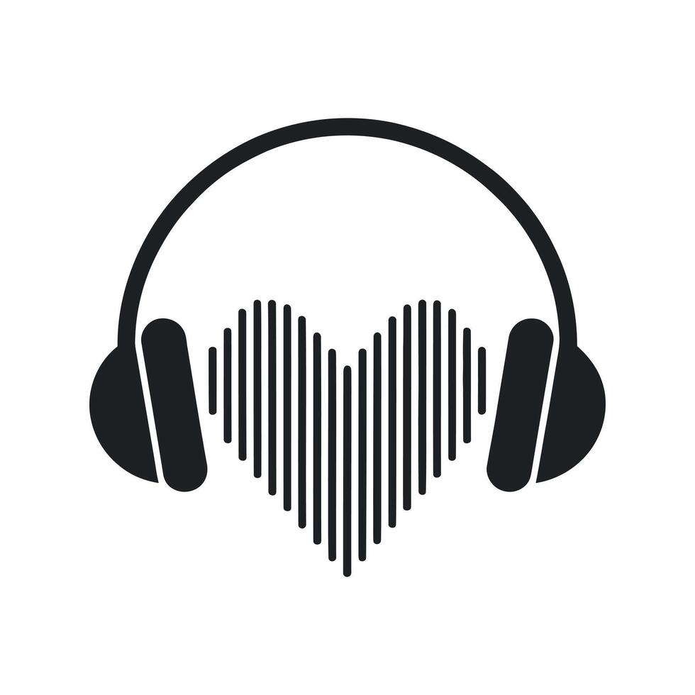 Headphones Icon with Heart Shaped Sound Waves for Music Lovers and Audio Enthusiasts in Black and White vector