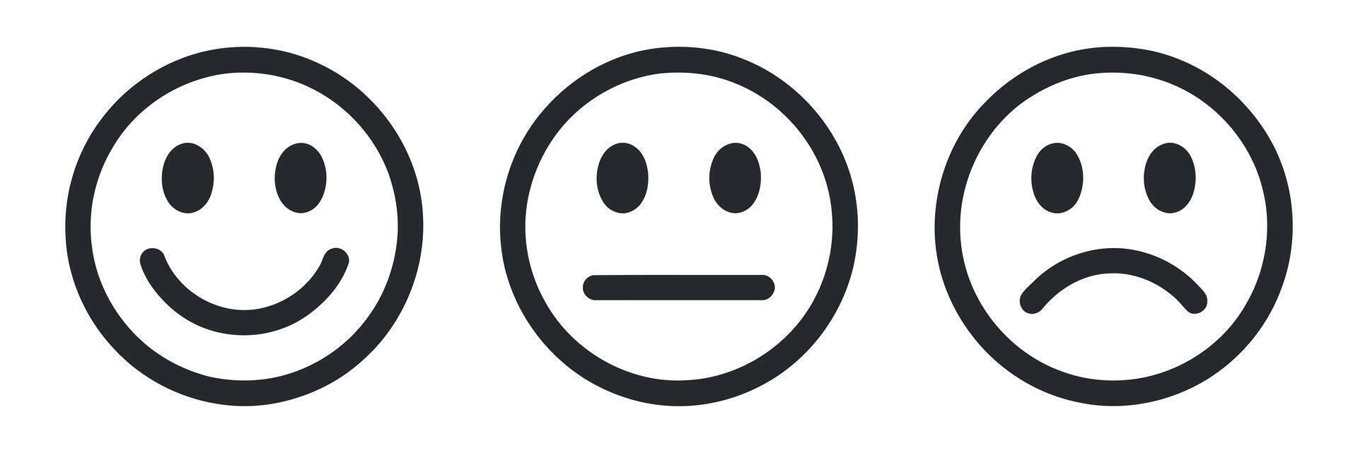 Three Basic Emoticons Showing Happy Neutral and Sad Moods in Black and White for Feedback and Survey Applications vector