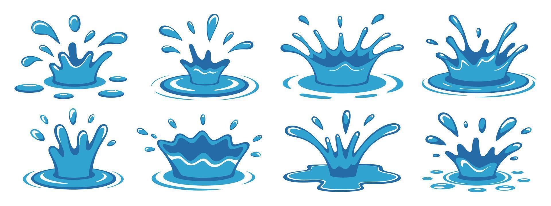 Collection of Eight Cartoon Water Splash Illustrations on a White Background Perfect for Designs Related to Cleanliness Refreshment and Natural Resources vector