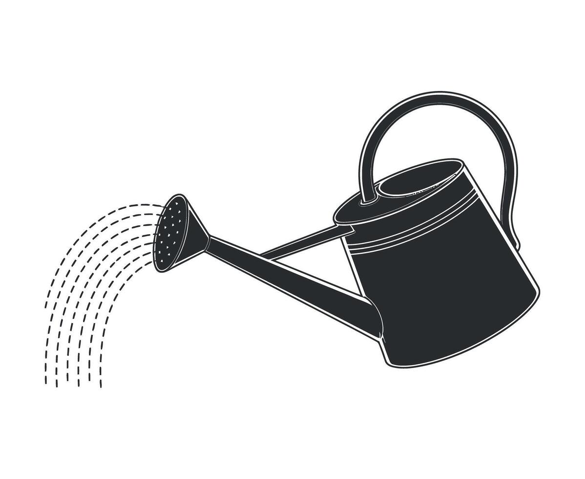 Watering Can Silhouette with Water Stream for Gardening and Plant Care Illustrations and Designs on White Background vector
