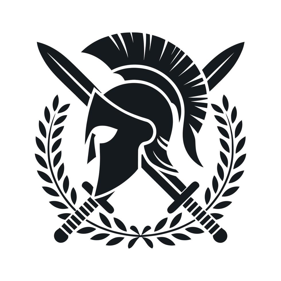 Spartan Helmet with Crossed Swords and Laurel Wreath Symbol of Strength Courage and Victory in Black and White Style vector