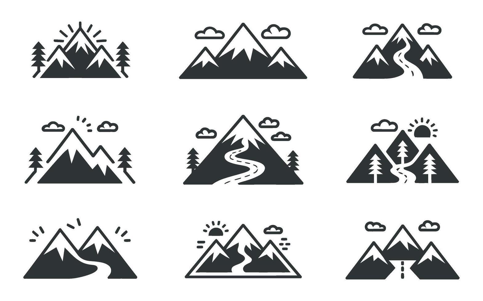 Set of Mountain Icons with Trees Clouds Sun and River Isolated on White Background Illustration for Outdoor Adventure or Nature Concept vector