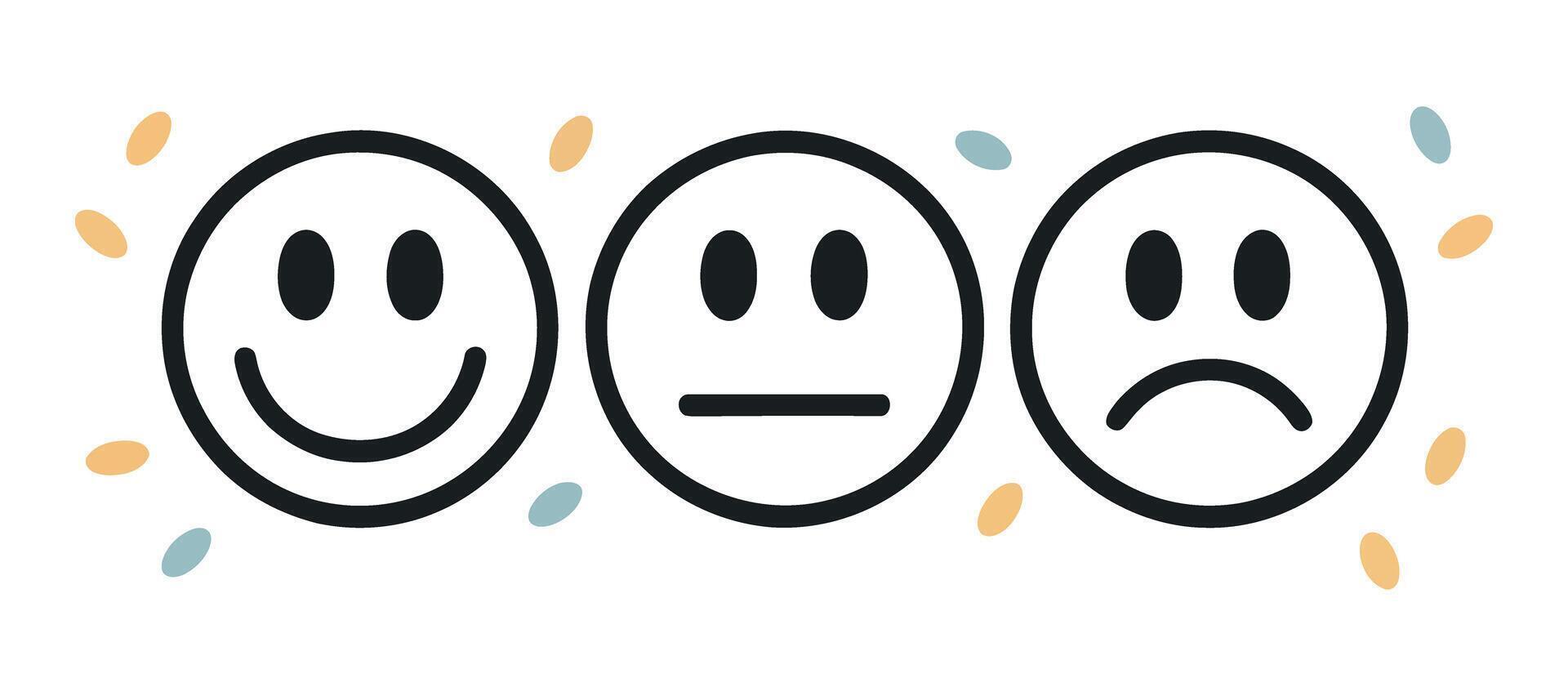Three Emoji Faces Showing Different Emotions Happy Neutral and Sad on a White Background with Confetti Style Accents vector