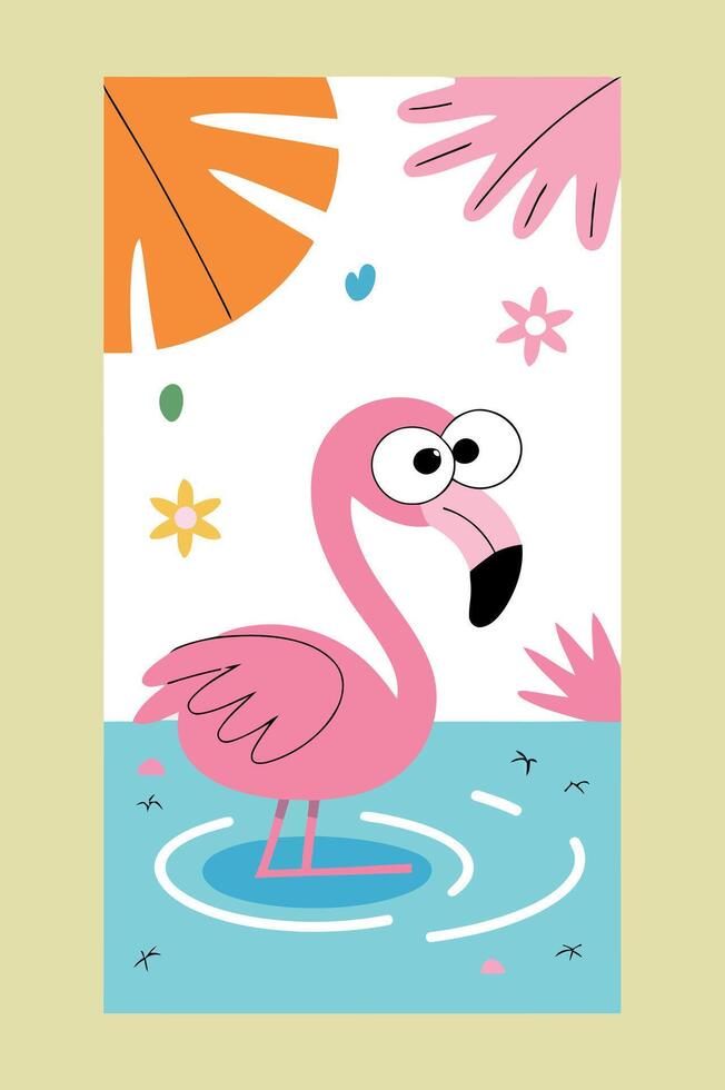 Cartoon Flamingo Standing in Water with Tropical Plants and Flowers in the Background Cute and Colorful Design for Children s Illustration vector