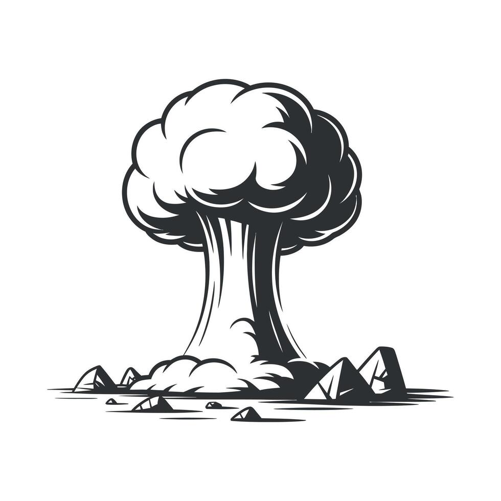 Monochrome Atomic Bomb Explosion Illustration with Debris and Mushroom Cloud on a White Background in Format vector