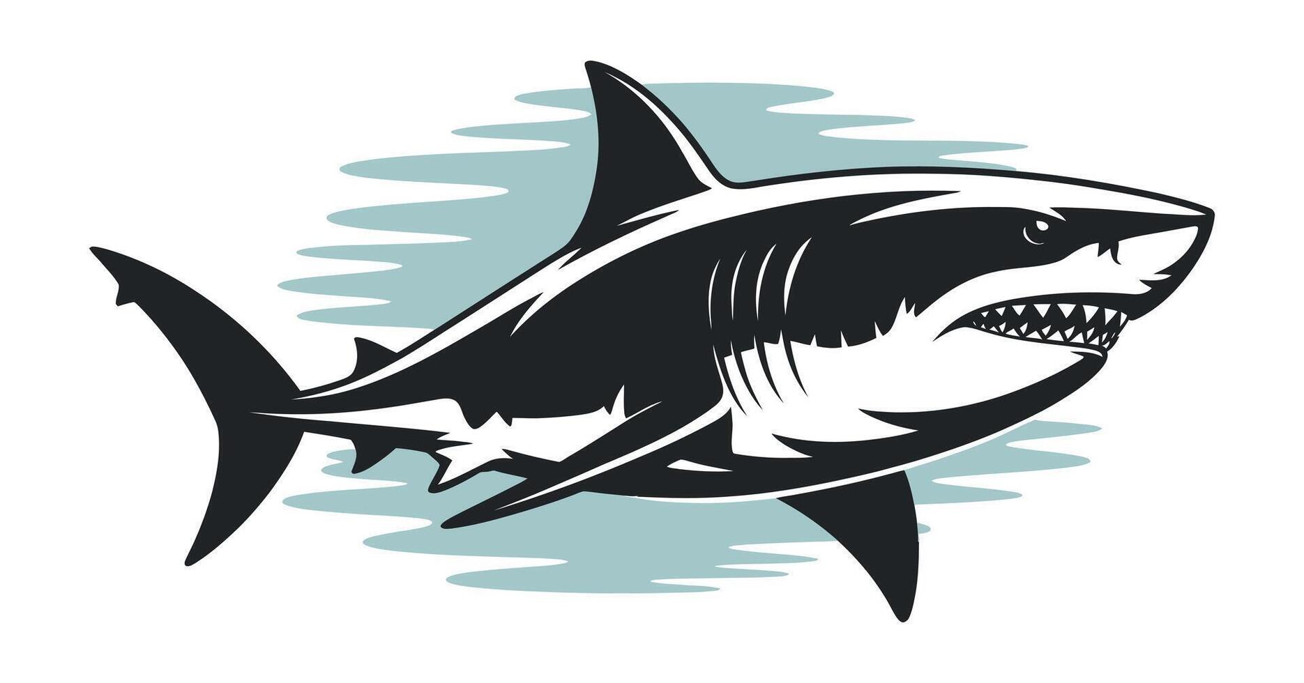 Stylized Great White Shark Illustration with Open Mouth and Visible Teeth Dark Gray and White Color Scheme on Light Blue Background vector