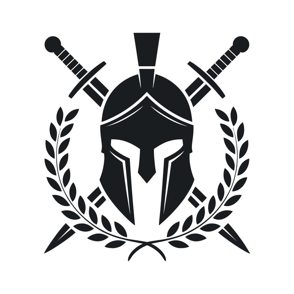 Spartan Helmet with Crossed Swords and Laurel Wreath Symbolizing Victory and Strength in Black and White Design vector