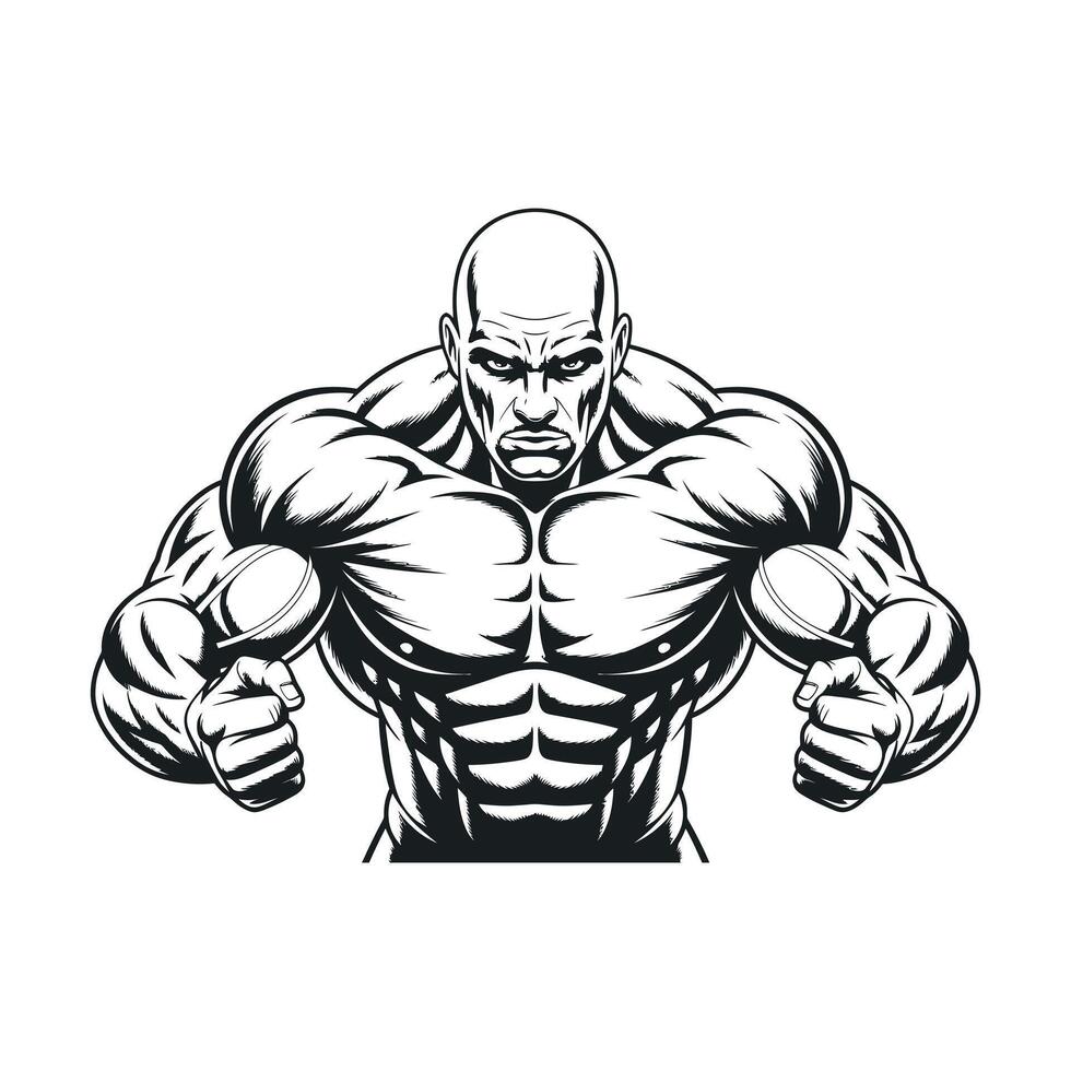 Illustration of a Muscular Bodybuilder with Intense Gaze Perfect for Fitness Sports and Health Related Designs and Projects in Black and White vector