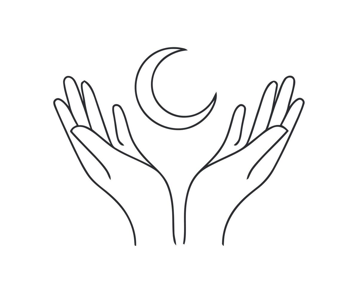 Minimalist Line Art of Hands Reaching for the Moon Symbolizing Dreams Magic Spirituality and Connection with the Universe and Inner Self vector