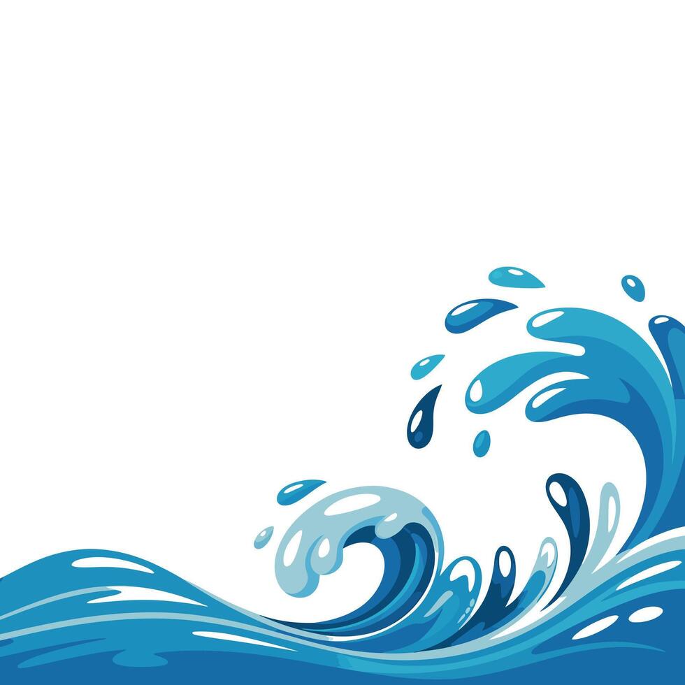 Stylized Blue Water Wave Illustration with Splashes and Drops on a White Background for Design Elements and Creative Projects vector