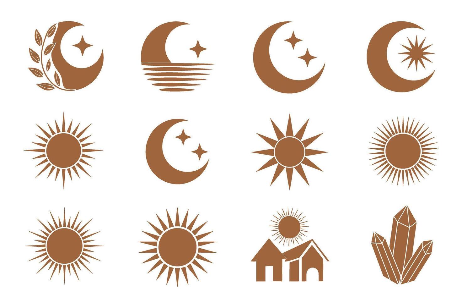 Collection of Brown Celestial and Nature Inspired Icons Featuring Crescent Moons Stars Suns Houses and Crystals Isolated on a White Background vector