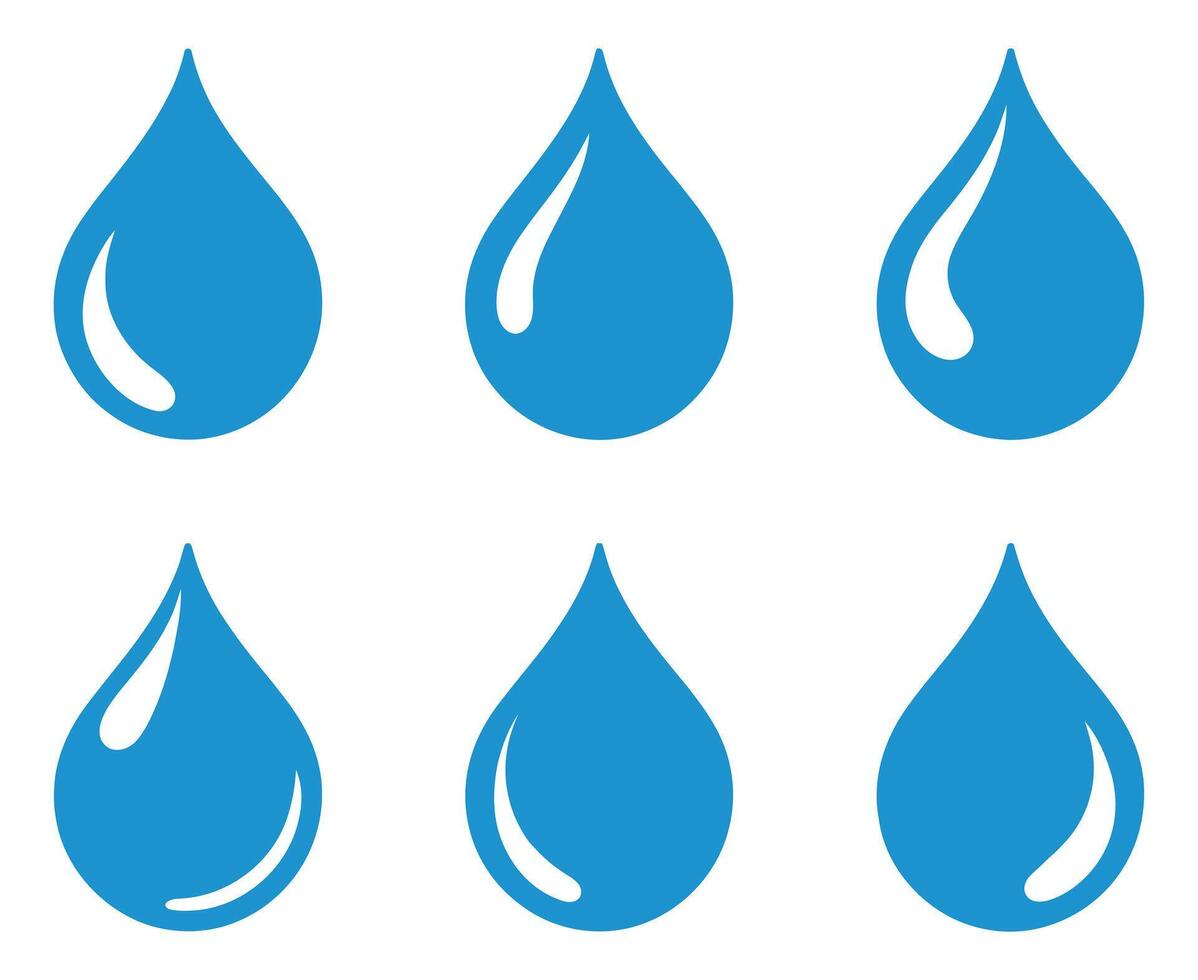 Set of Six Blue Water Drop Icons with Highlight on a White Background for Design Elements and Resources vector