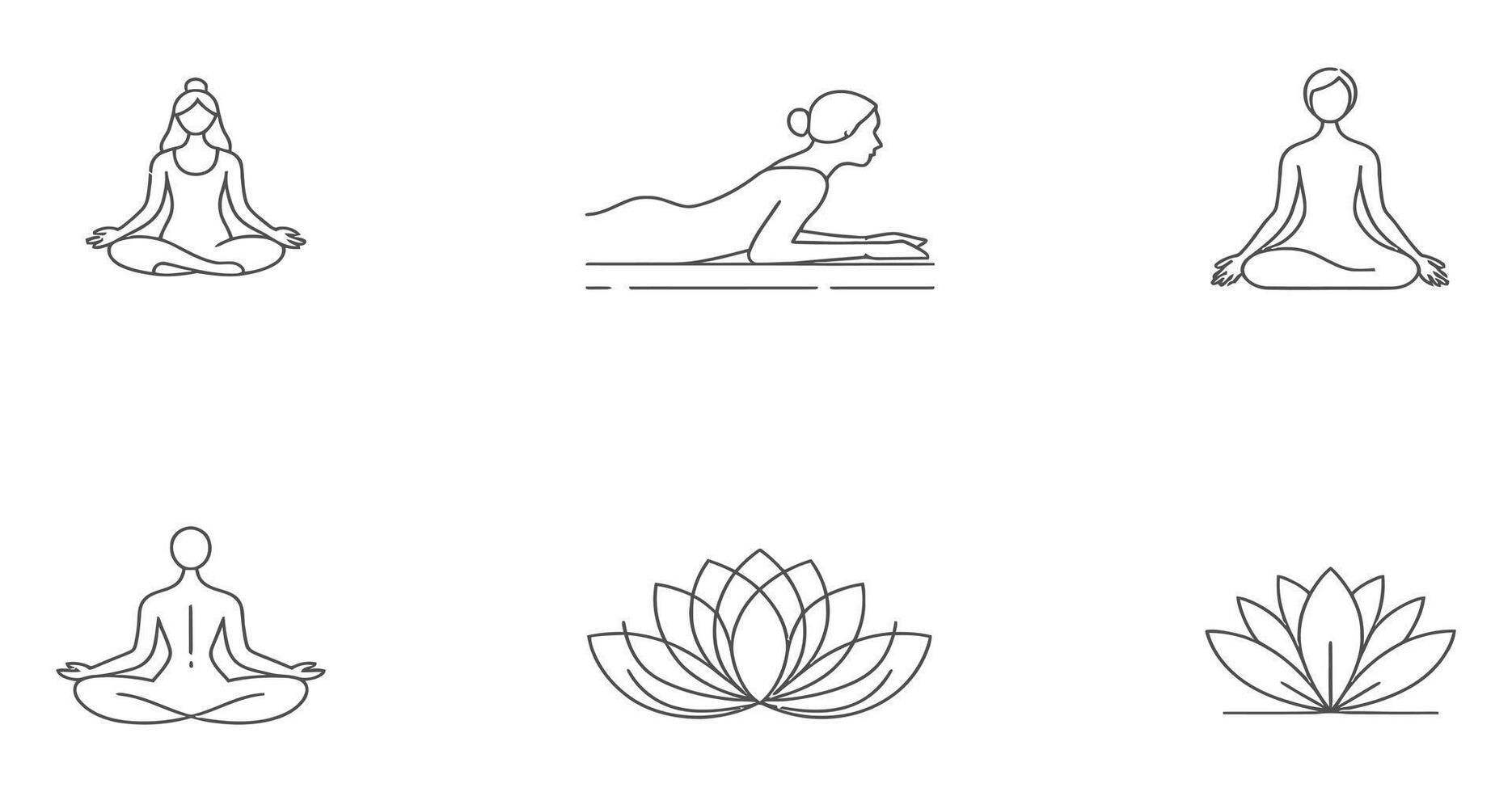 Collection of Yoga Poses and Lotus Flower Icons in Minimalist Line Art Style for Wellness Meditation and Spiritual Practices on White Background vector