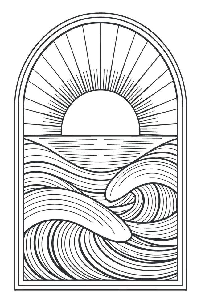 Monochrome Line Art Illustration of Ocean Waves and Rising Sun in Arched Frame Minimalist Graphic Design Concept for Posters vector