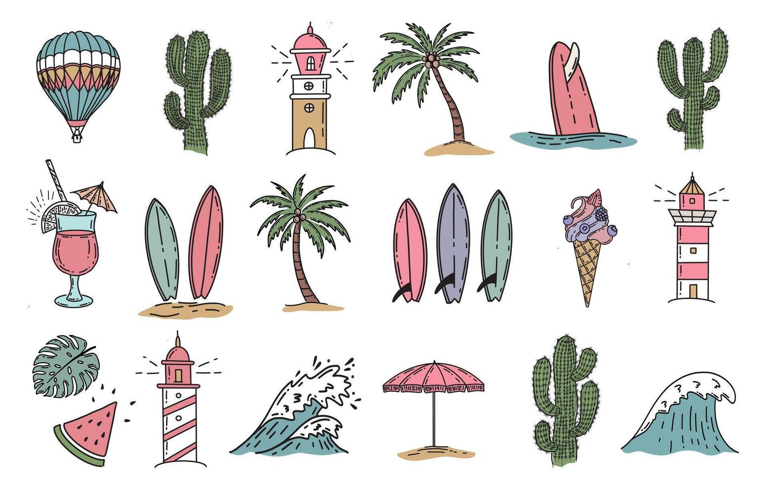 Hello Summer, set with surfboard, palm tree and wave, hand drawn illustration. vector
