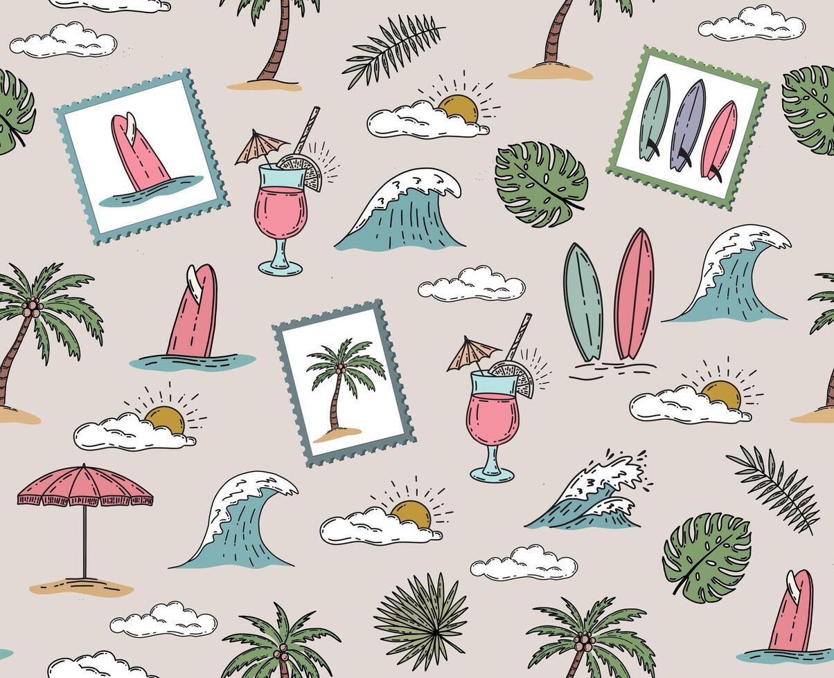 Hello Summer, pattern with surfboard, palm tree and wave, hand drawn illustration vector